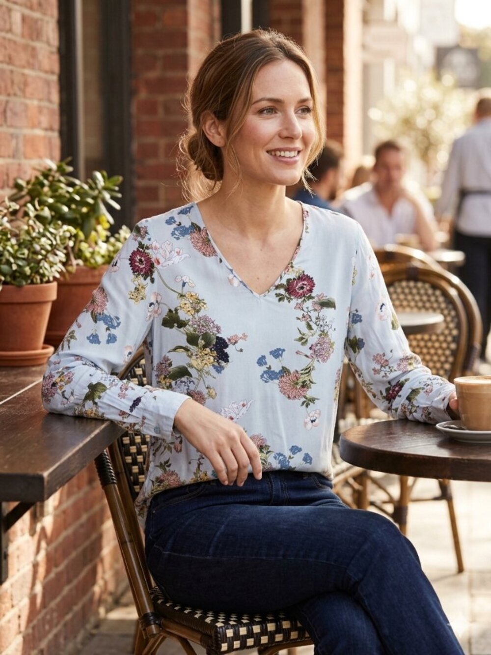 Cleo Light Blue Floral Open Arm 100% Rayon Blouse